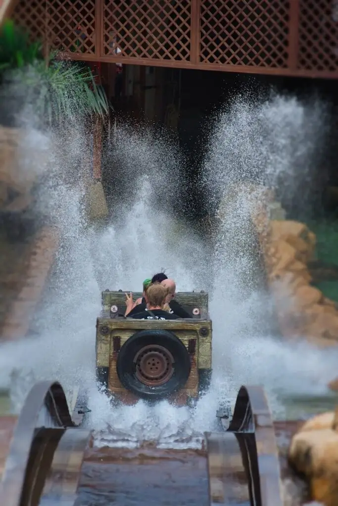 People on a log flume ride splashing water