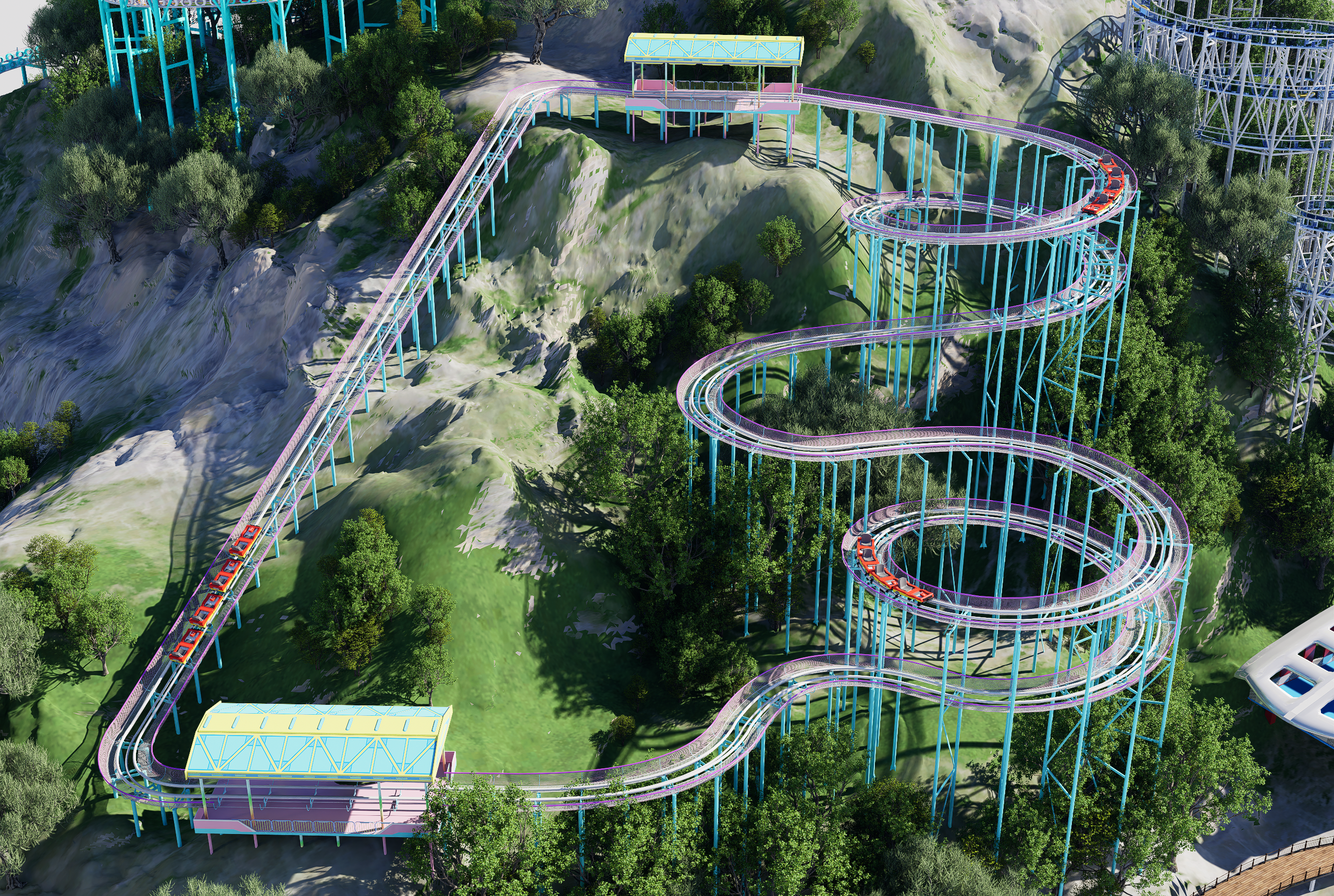 Renderings of amusement facilities in mountainous scenic areas