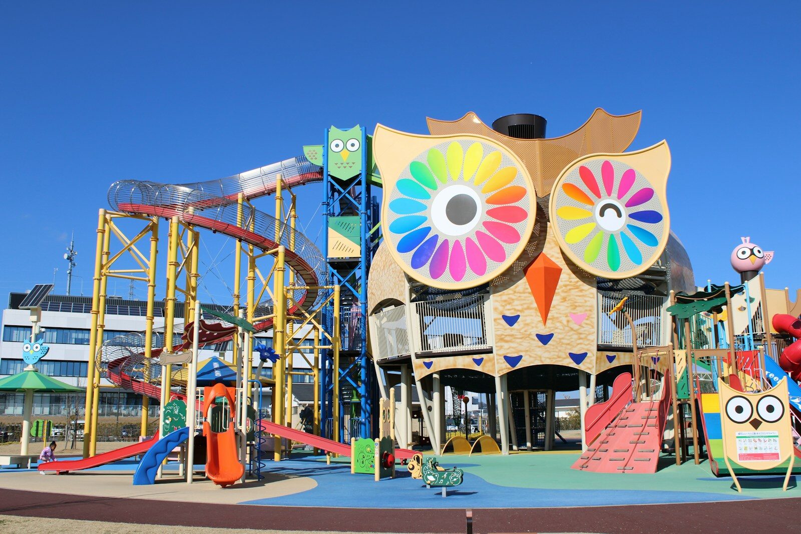 Colorful owl-themed playground with slides and climbing structures