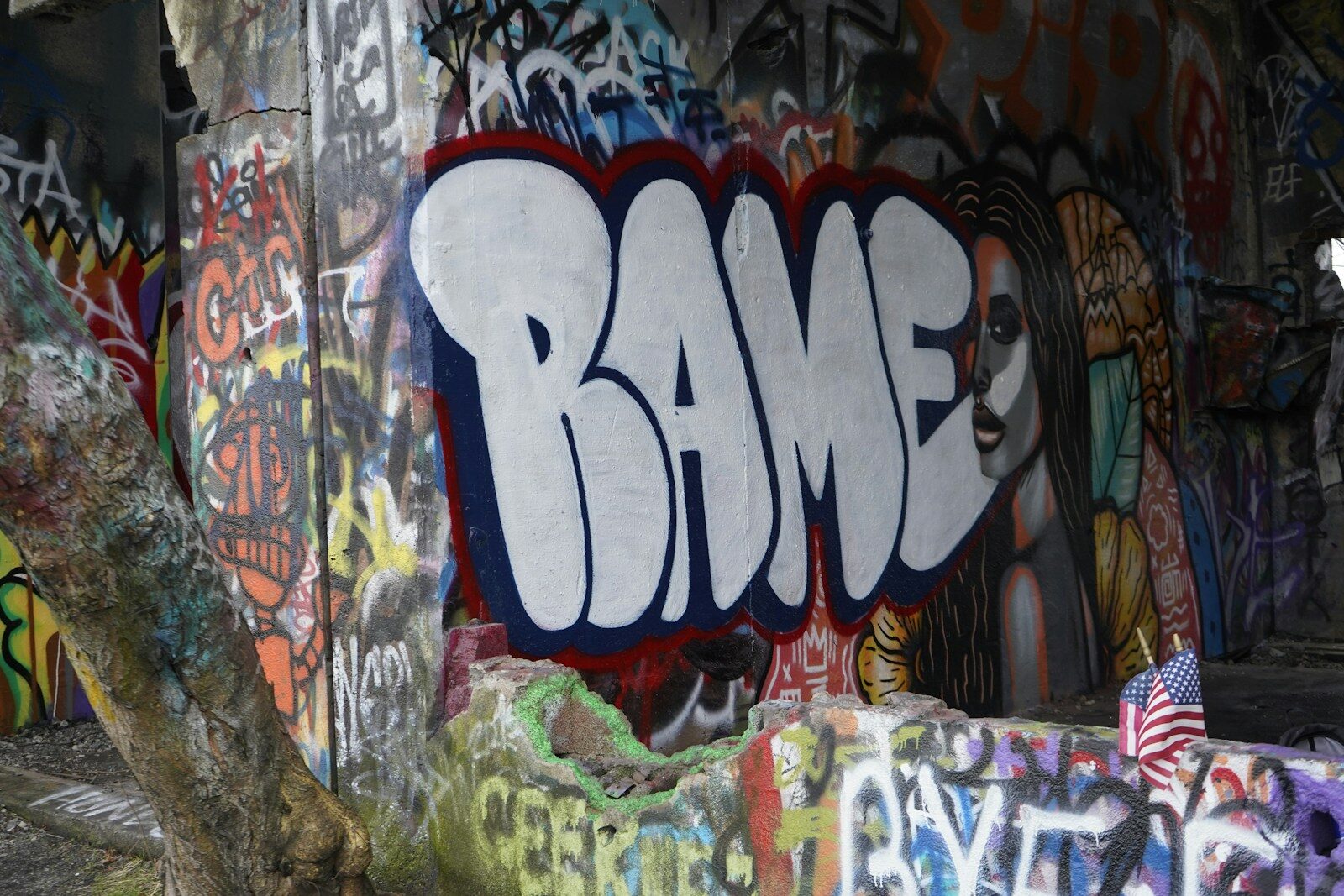 white red and blue graffiti