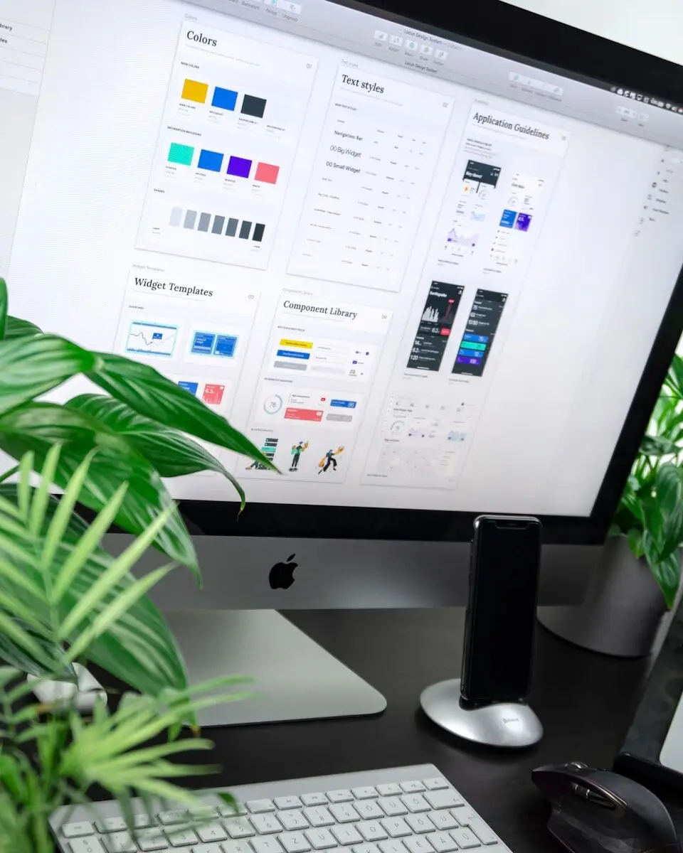 A computer monitor displaying a design system interface with plants on a desk