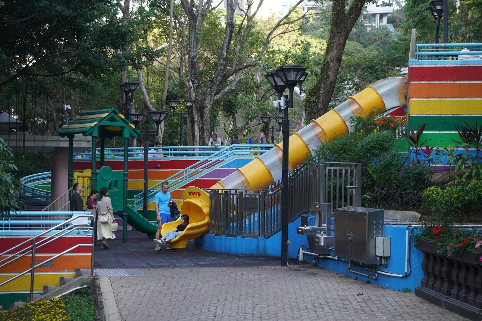 Playground with colorful slides and jungle gym equipment