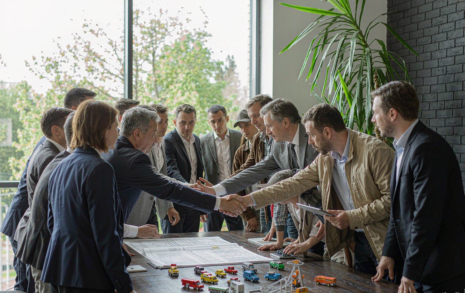 Procurement team reviewing drawings with an amusement ride supplier at a factory
