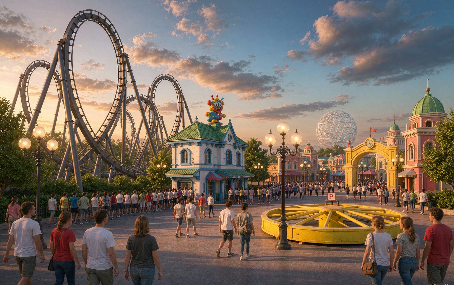 Review of ride and queue line drawings by theme park equipment suppliers with a park development team