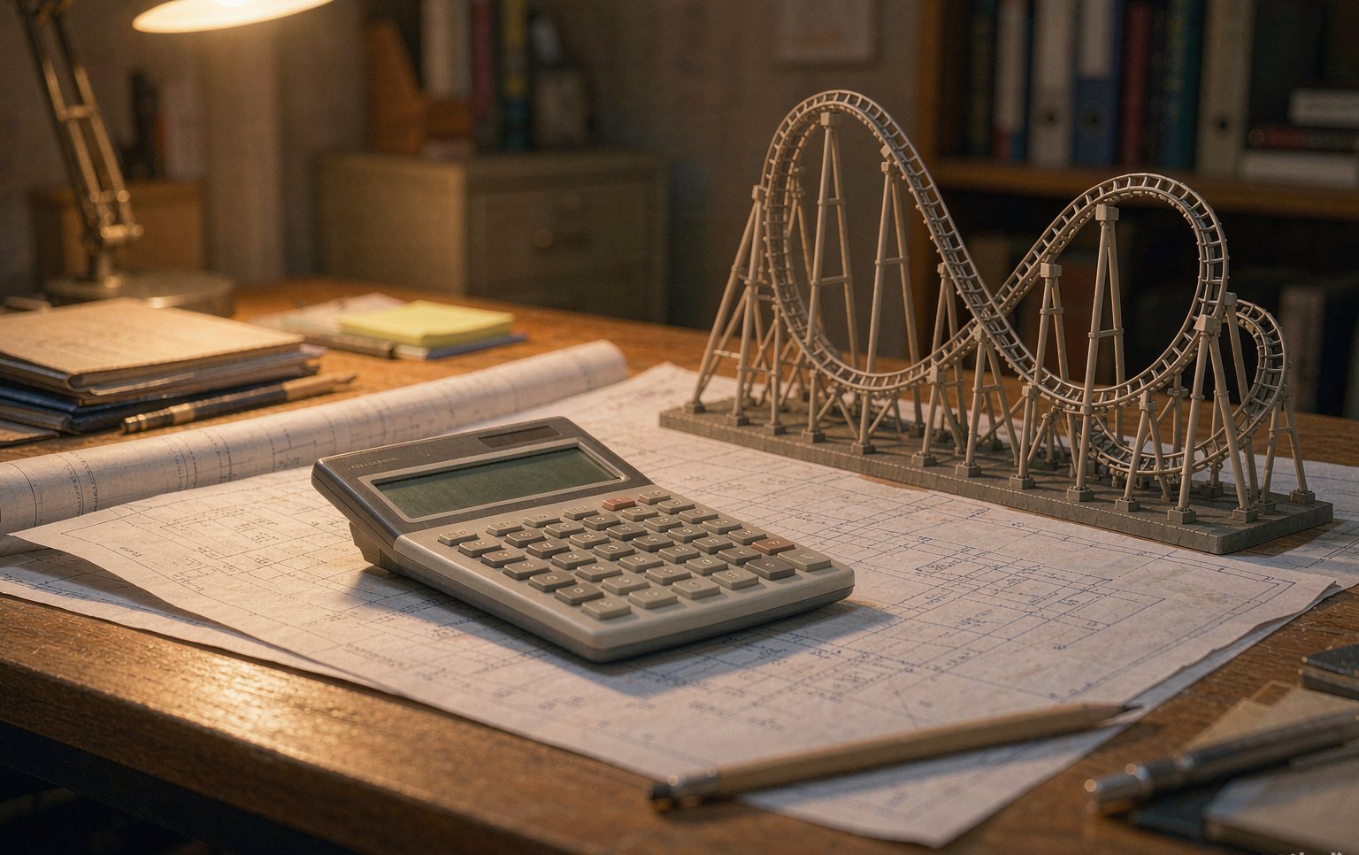 Procurement team reviewing an amusement park rides price quotation beside ride layout drawings