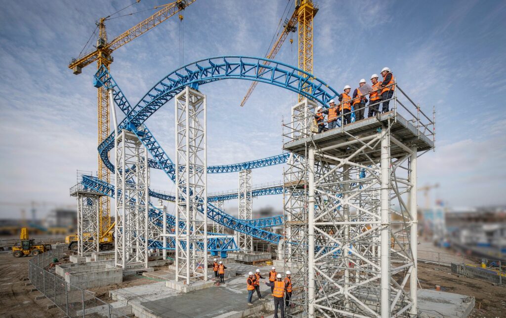 Engineers from roller coaster construction companies assembling steel track sections on site