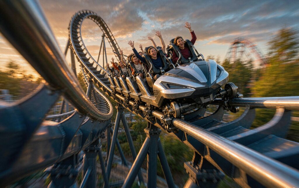 Theme park engineers scoring the best coaster manufacturer candidates on a weighted comparison scorecard