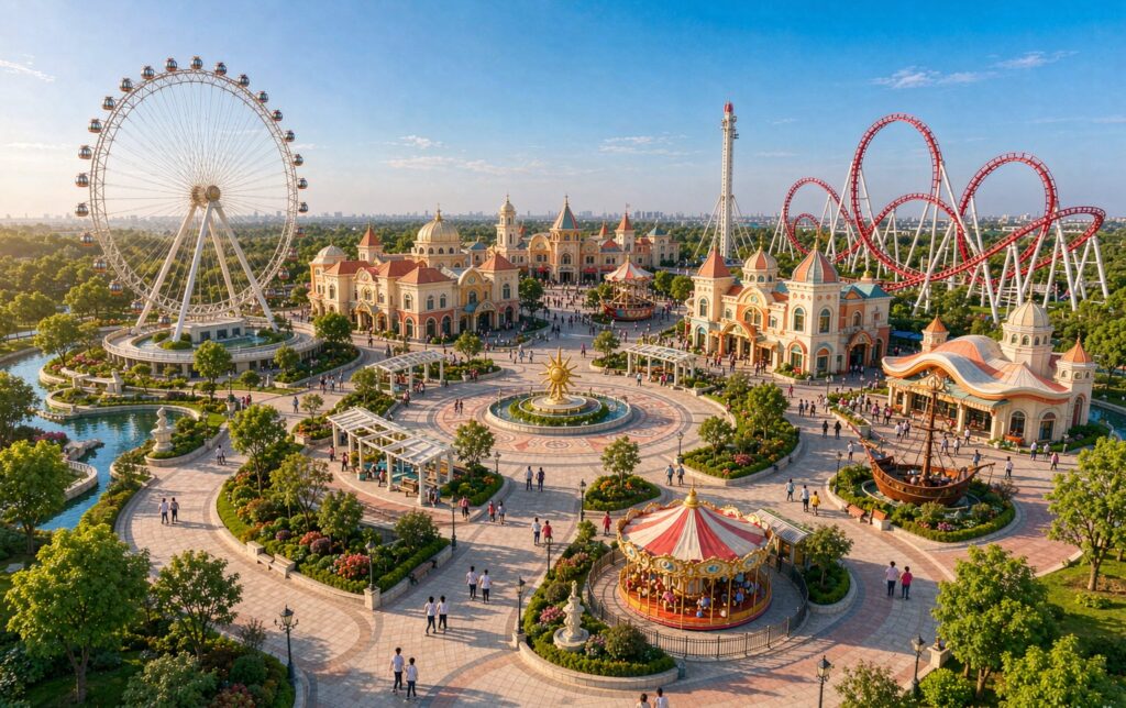 Theme park project under construction with ride foundations, steel components and an installation crew on site