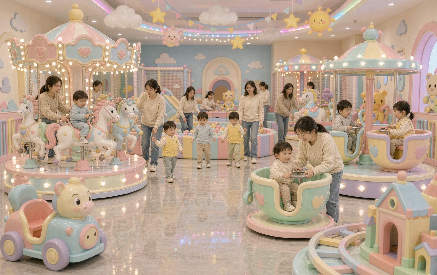 Colorful kiddie rides for sale installed in a family entertainment center with a mini carousel and teacup ride