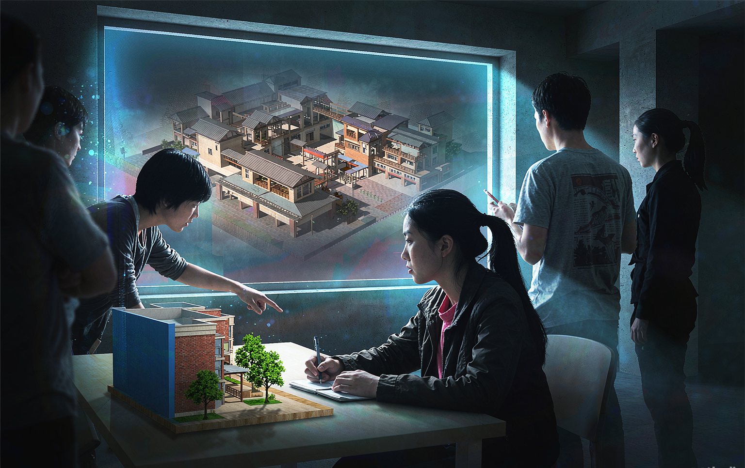 Engineers reviewing 3D renders of custom amusement rides in a design studio