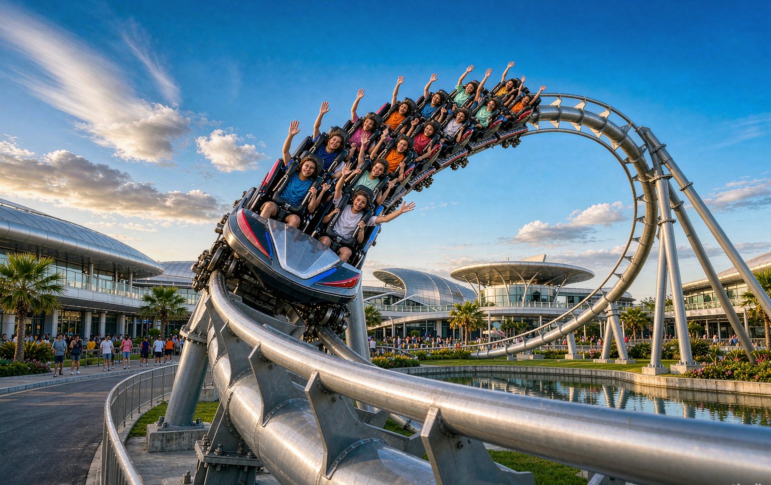 Newly commissioned steel roller coaster from the best coaster manufacturer racing through a banked turn