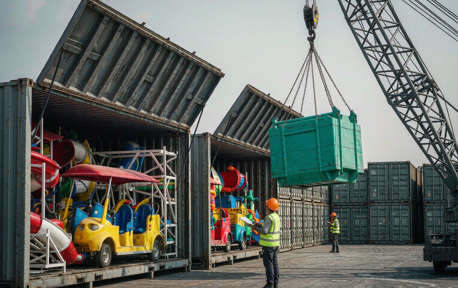 Park operator inspecting amusement rides for sale during a pre-shipment factory acceptance test
