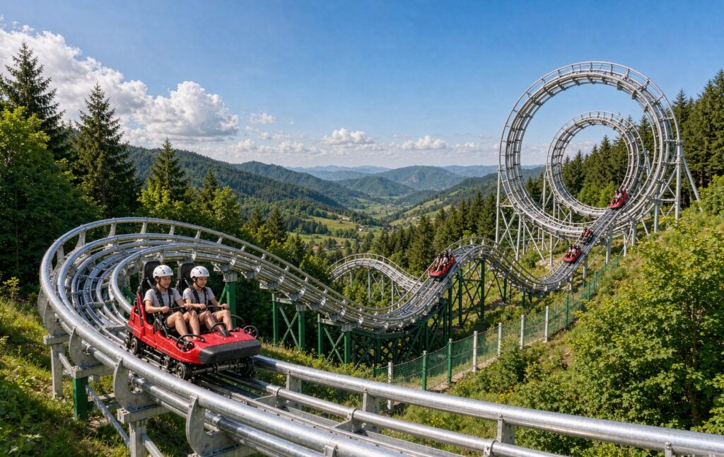800m classic mountain coaster ride winding down a green forested hillside