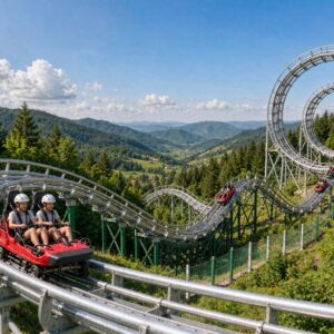 800m classic mountain coaster ride winding down a green forested hillside