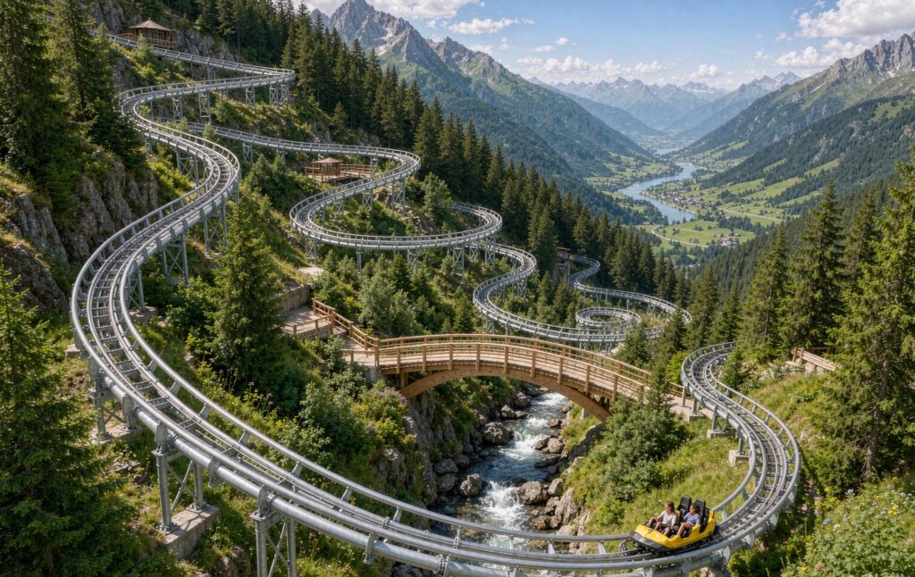 1500m long alpine mountain coaster crossing a wooden bridge through a forest valley