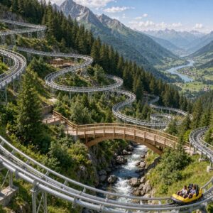 1500m long alpine mountain coaster crossing a wooden bridge through a forest valley