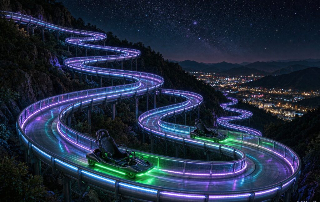 LED night mountain coaster with glowing track and sleds racing down a dark hillside