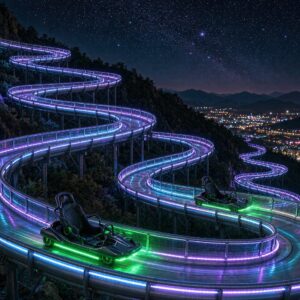 LED night mountain coaster with glowing track and sleds racing down a dark hillside