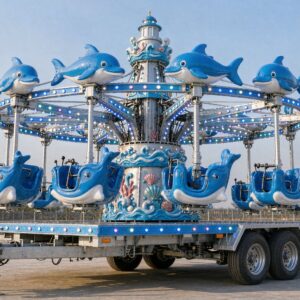 30-seat blue trailer-mounted dolphin self-control plane ride on mobile trailer