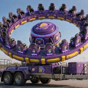 Trailer-mounted Saturn flying disc amusement ride with space theme