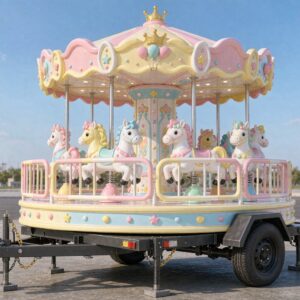 Mini trailer-mounted carousel for kids with candy colors