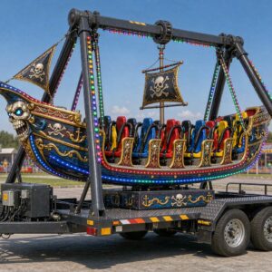 Trailer-mounted pirate ship swinging amusement ride