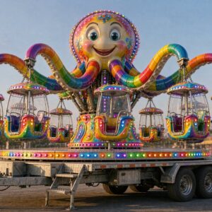 Trailer-mounted rotating octopus amusement ride with spinning cabins