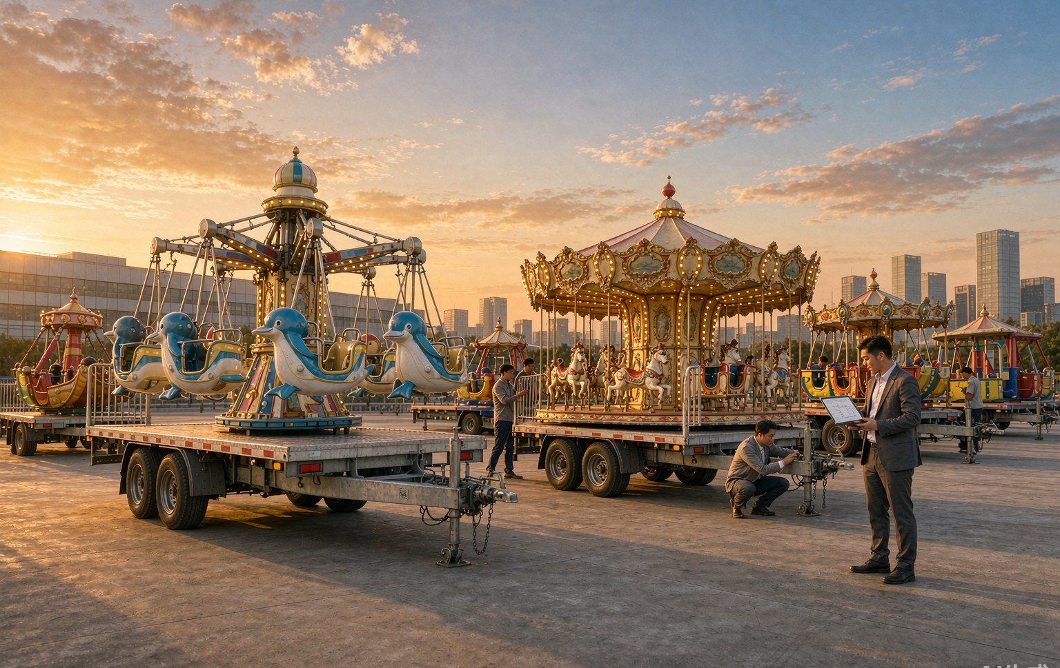 Fleet of trailer mounted amusement rides for sale lined up at an outdoor event site