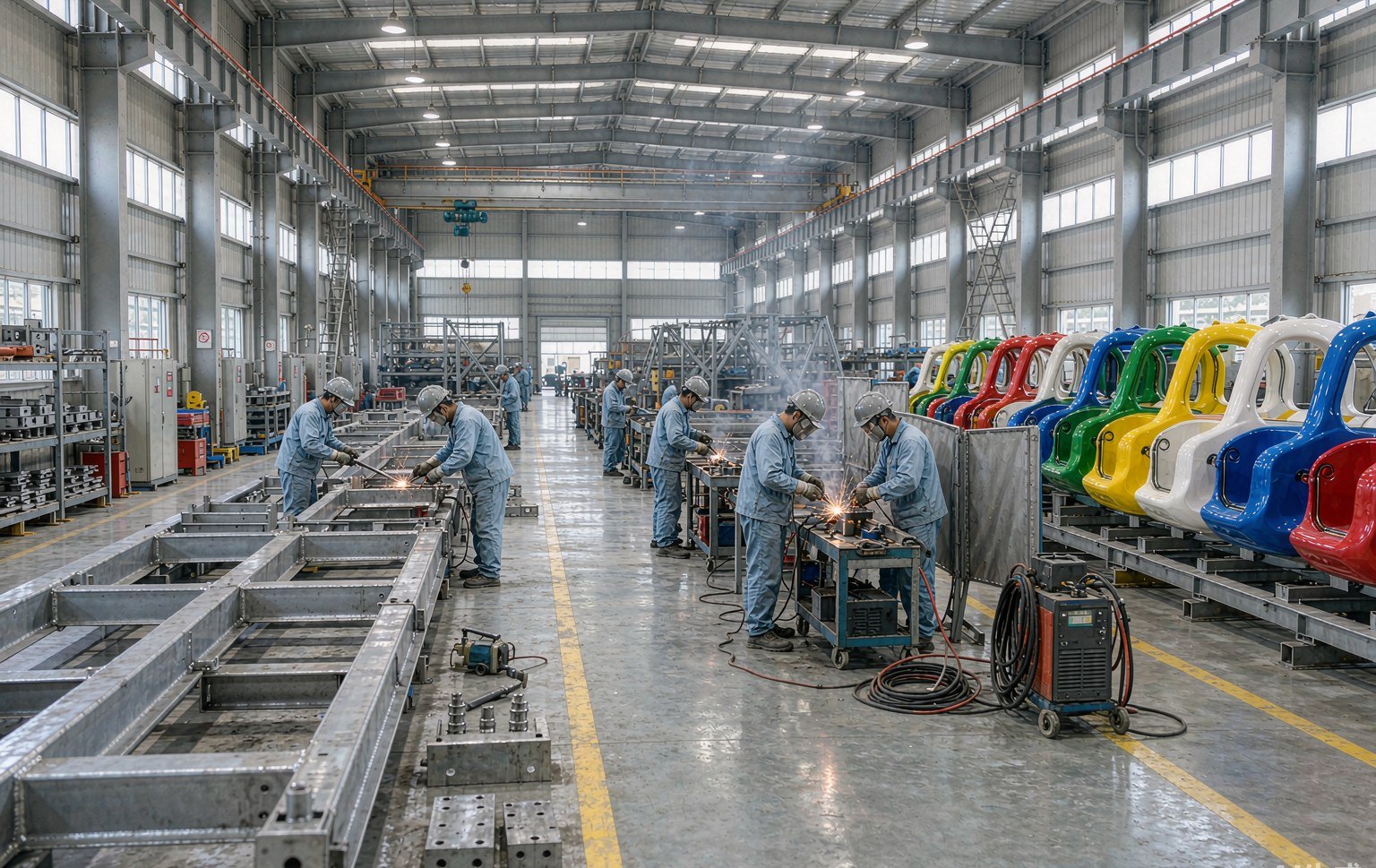 Amusement ride factory assembly floor of a mobile amusement rides manufacturer